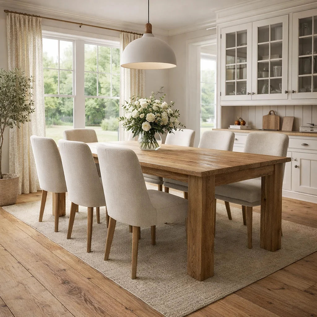 Dining room with wooden table and chairs in a bright, well-lit room.