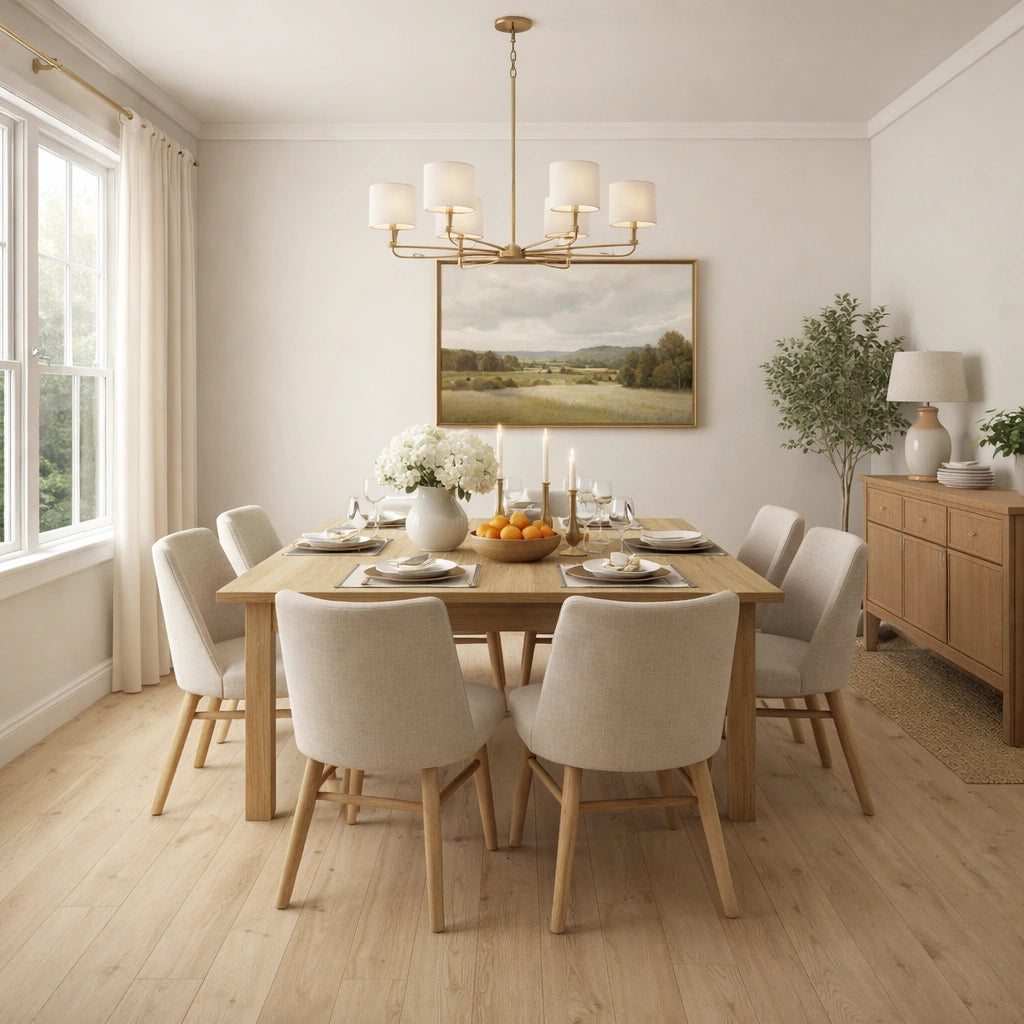 A styled dining room featuring a light wood dining table surrounded by six upholstered cream chairs, set with white plates, glassware, and a centerpiece vase of white flowers. A gold multi-light chandelier hangs above the table, and a framed landscape painting is on the wall.