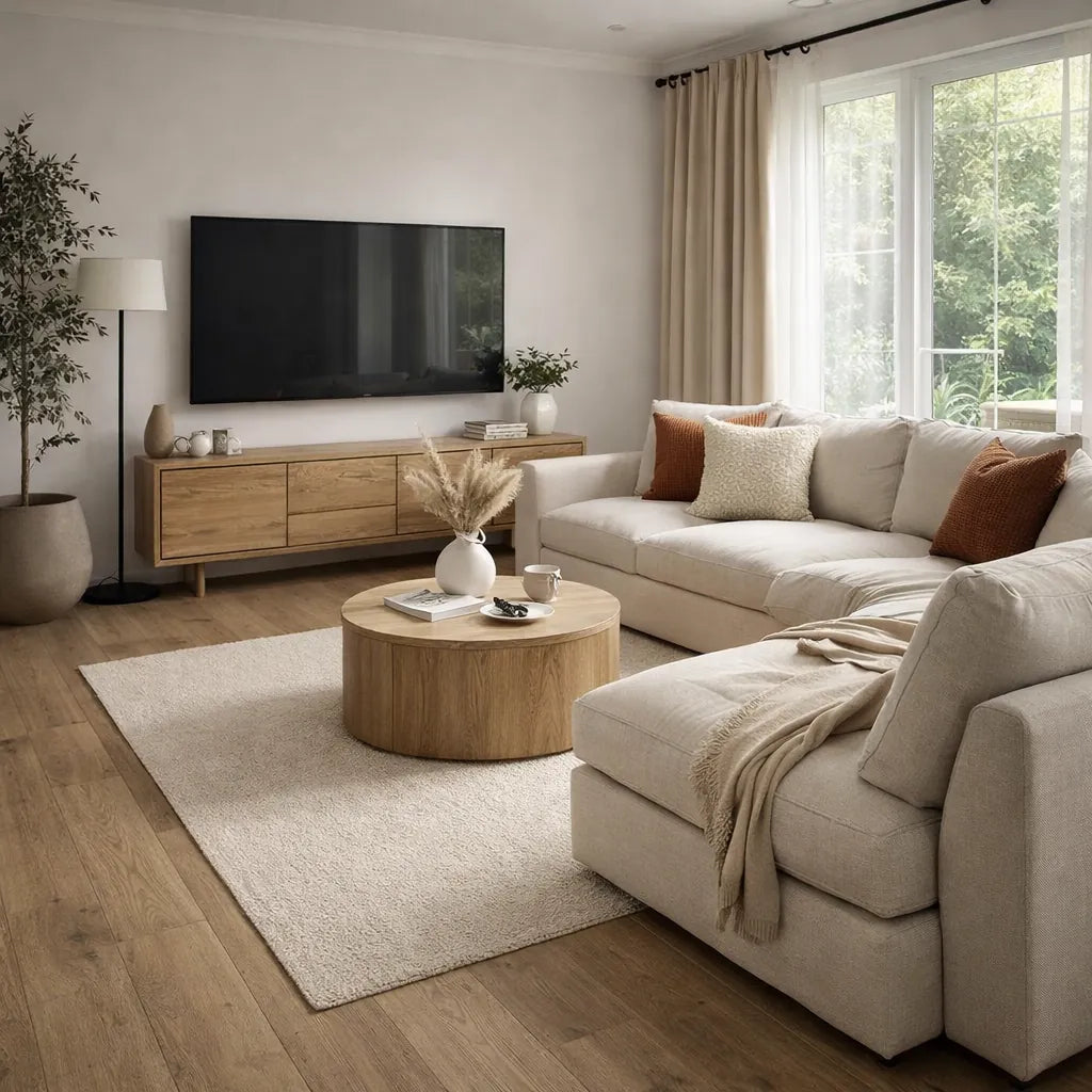 Modern living room with beige sofa, wooden coffee table, and TV stand.