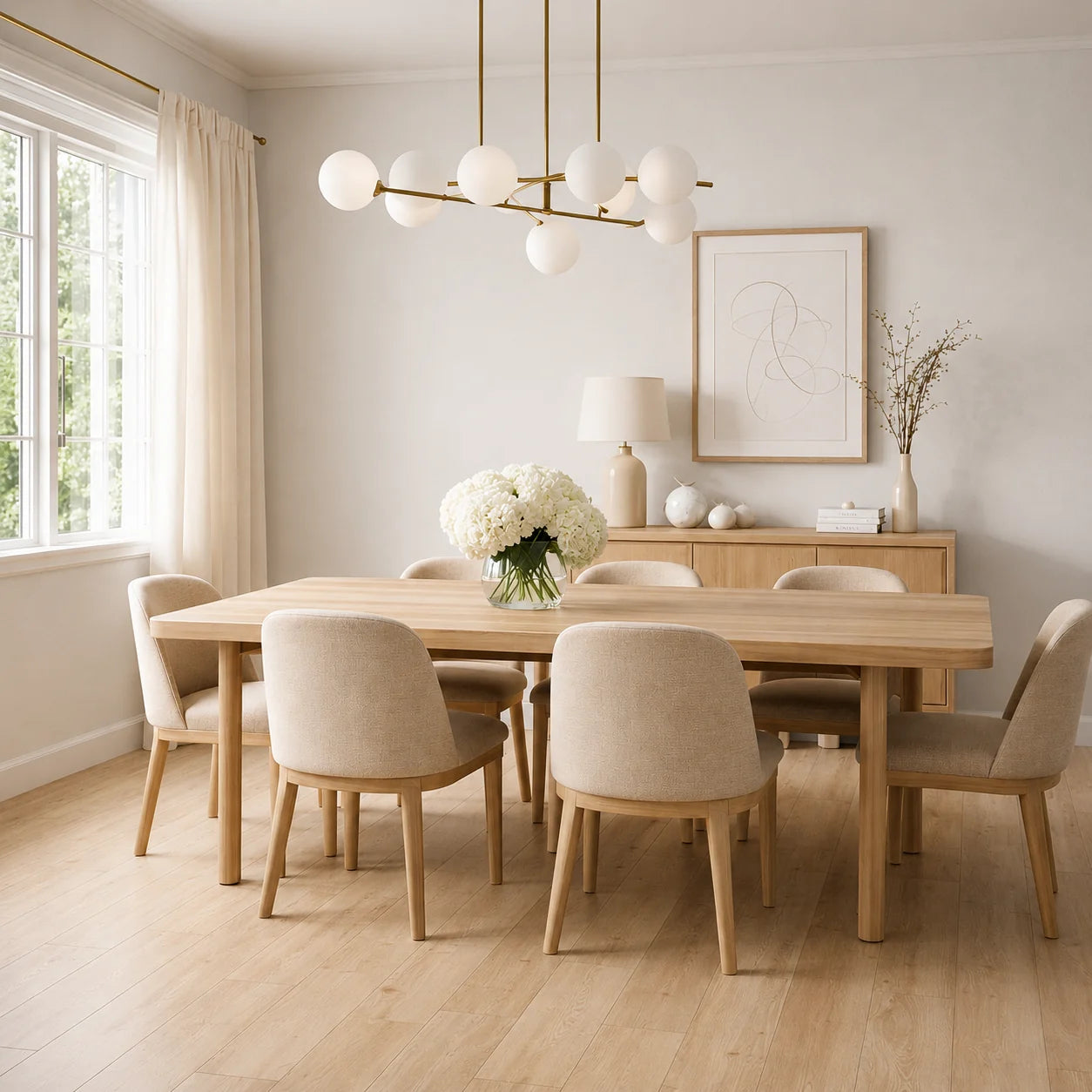 A modern dining room featuring a light oak wood dining table with six upholstered chairs in a neutral beige tone, set under a multi-light globe chandelier.