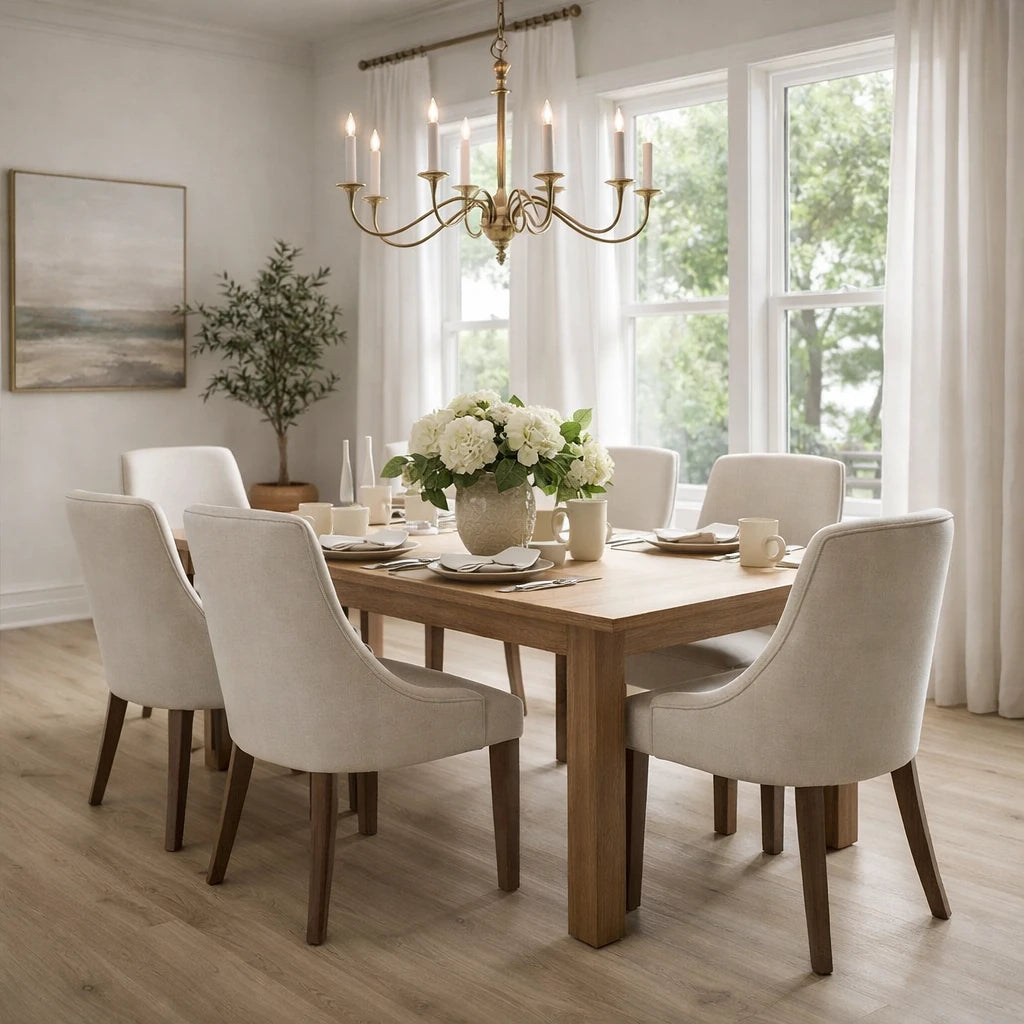 A 7-piece dining set featuring a rectangular light brown wood table and six upholstered dining chairs in a warm cream fabric, styled in a bright, modern dining room with white curtains, a brass chandelier, and a floral centerpiece.