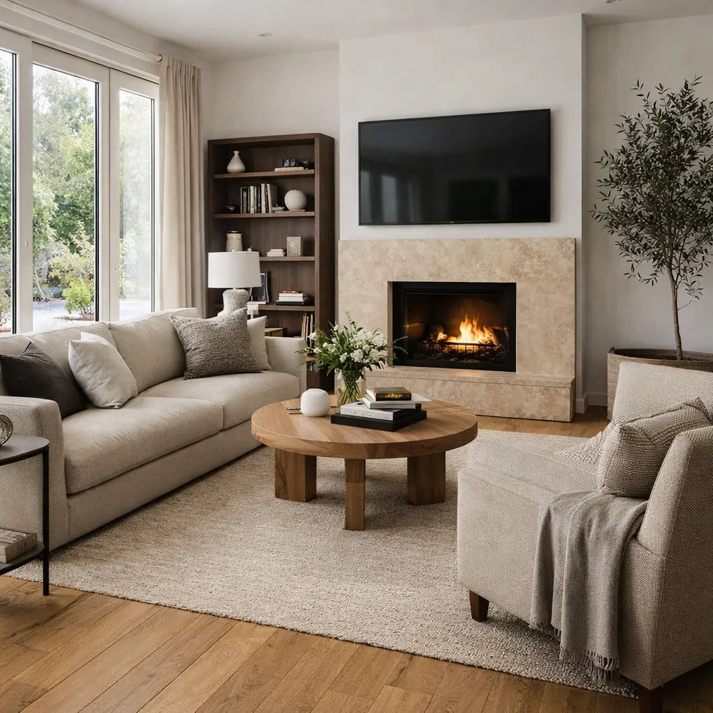 Modern living room with beige sofa, wooden coffee table, and fireplace.