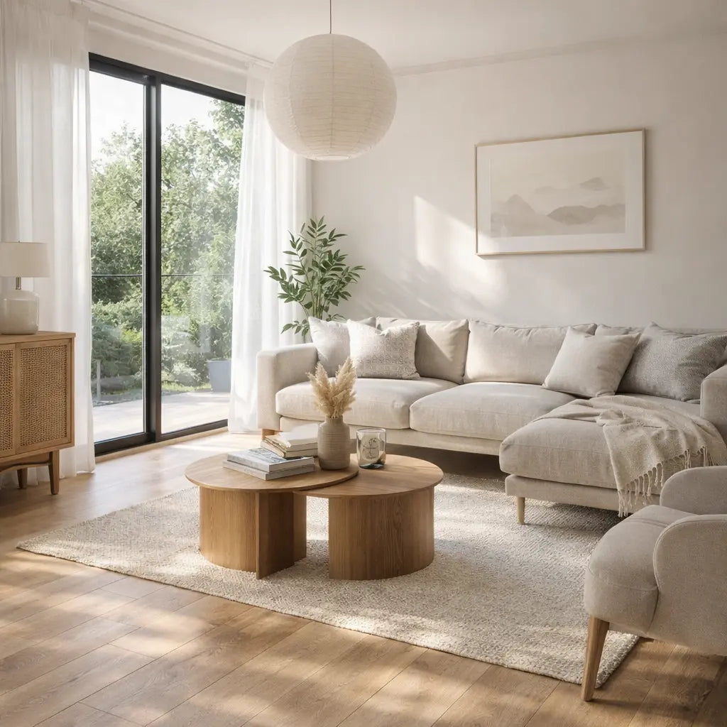 Modern living room with a sectional sofa, coffee table, and large window.
