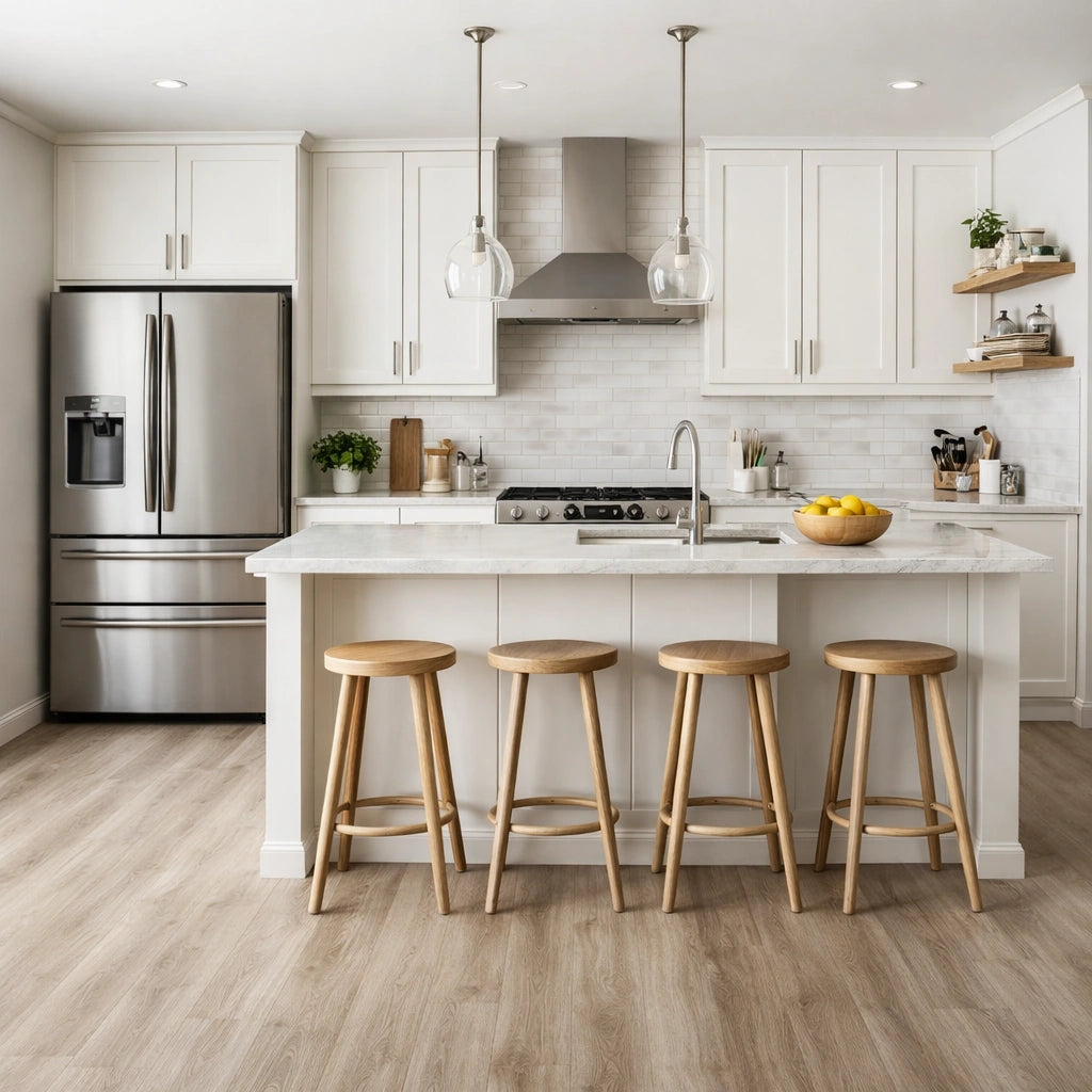 A bright, modern kitchen with white cabinetry, a marble island, stainless steel appliances, and four wooden bar stools arranged around the island. The room has light wood flooring and a white subway tile backsplash.