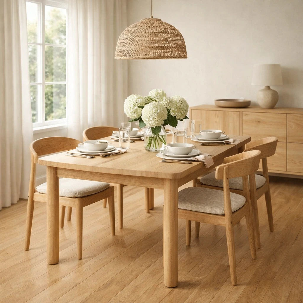 A light natural wood dining table with four matching wooden chairs with light beige upholstered seats, set in a bright, modern dining room with a woven pendant light overhead.