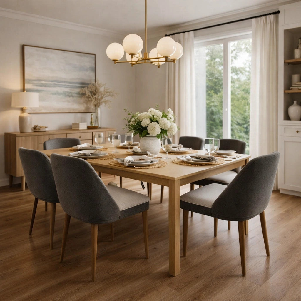 A modern dining room setup featuring a light oak rectangular dining table surrounded by six gray upholstered chairs with wooden legs. The table is set with white plates, glassware, and a white floral centerpiece.