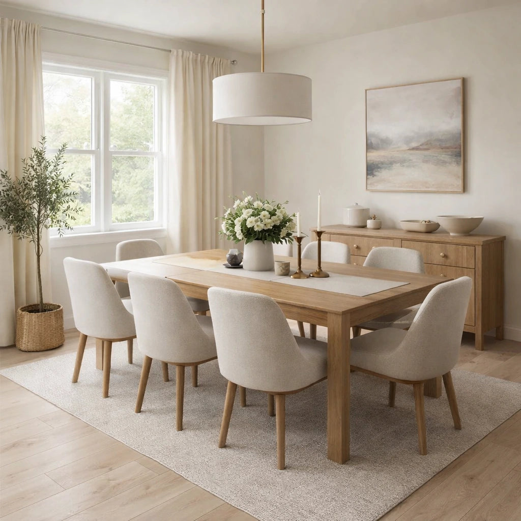 A modern dining room featuring a light oak wood dining table with six upholstered dining chairs in a warm cream fabric, set on a textured light beige rug. The room has a matching wood sideboard, a large white drum pendant light, and a large window with beige curtains.