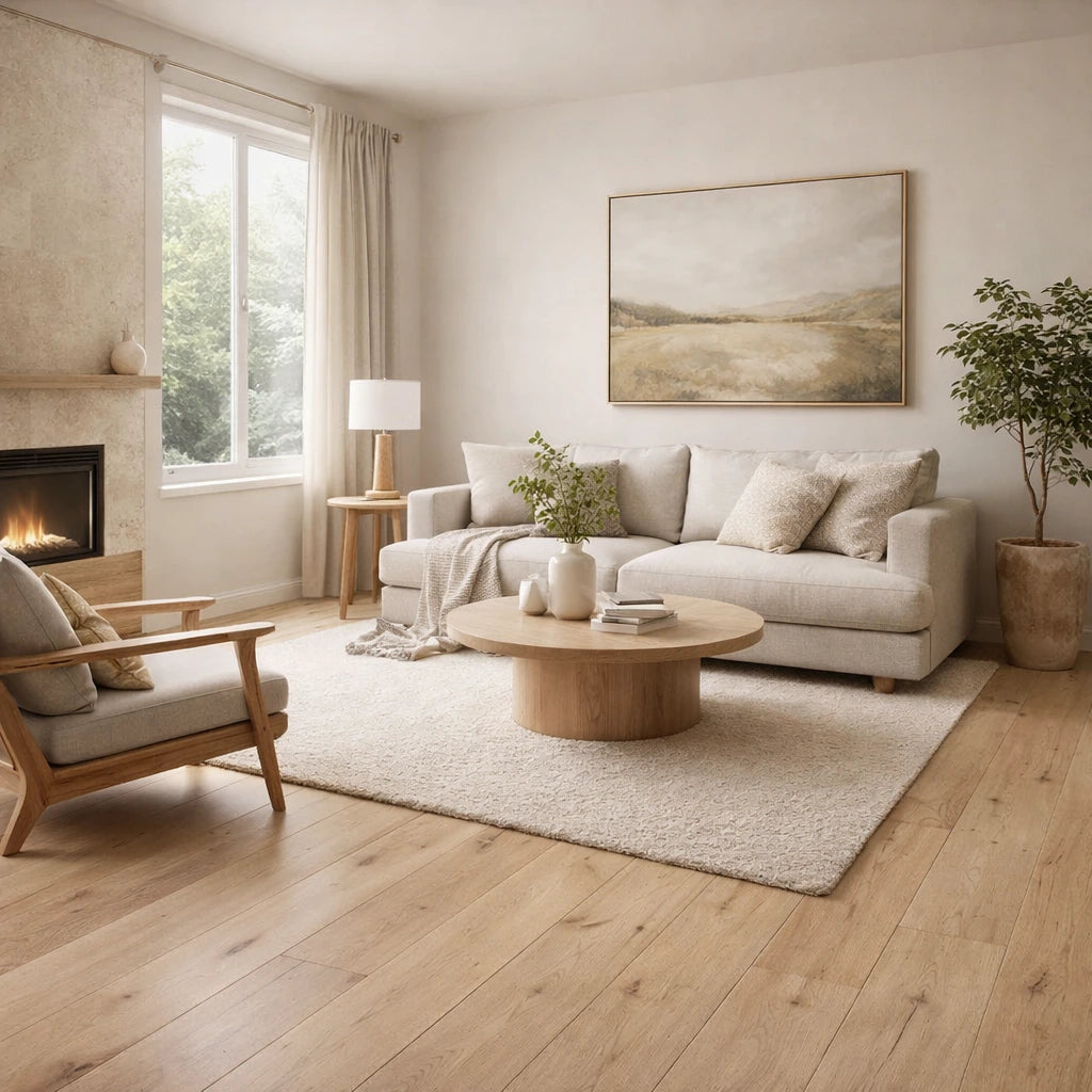 Modern living room with a sofa, armchair, coffee table, and decorative elements.