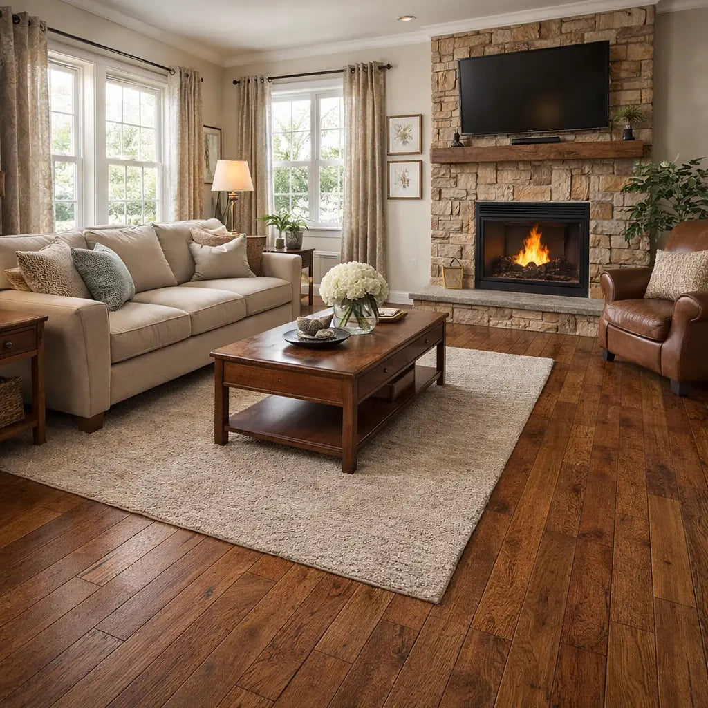 Living room with beige sofa, wooden coffee table, and stone fireplace.