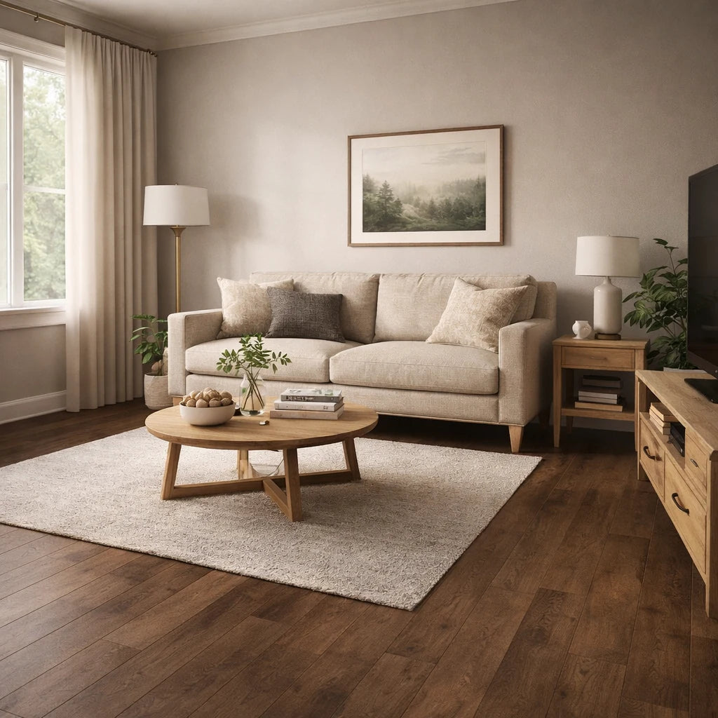 A styled living room featuring a light beige fabric sofa with neutral throw pillows, a round wooden coffee table, a large textured cream rug, dark wood flooring, and a framed landscape print on the wall.