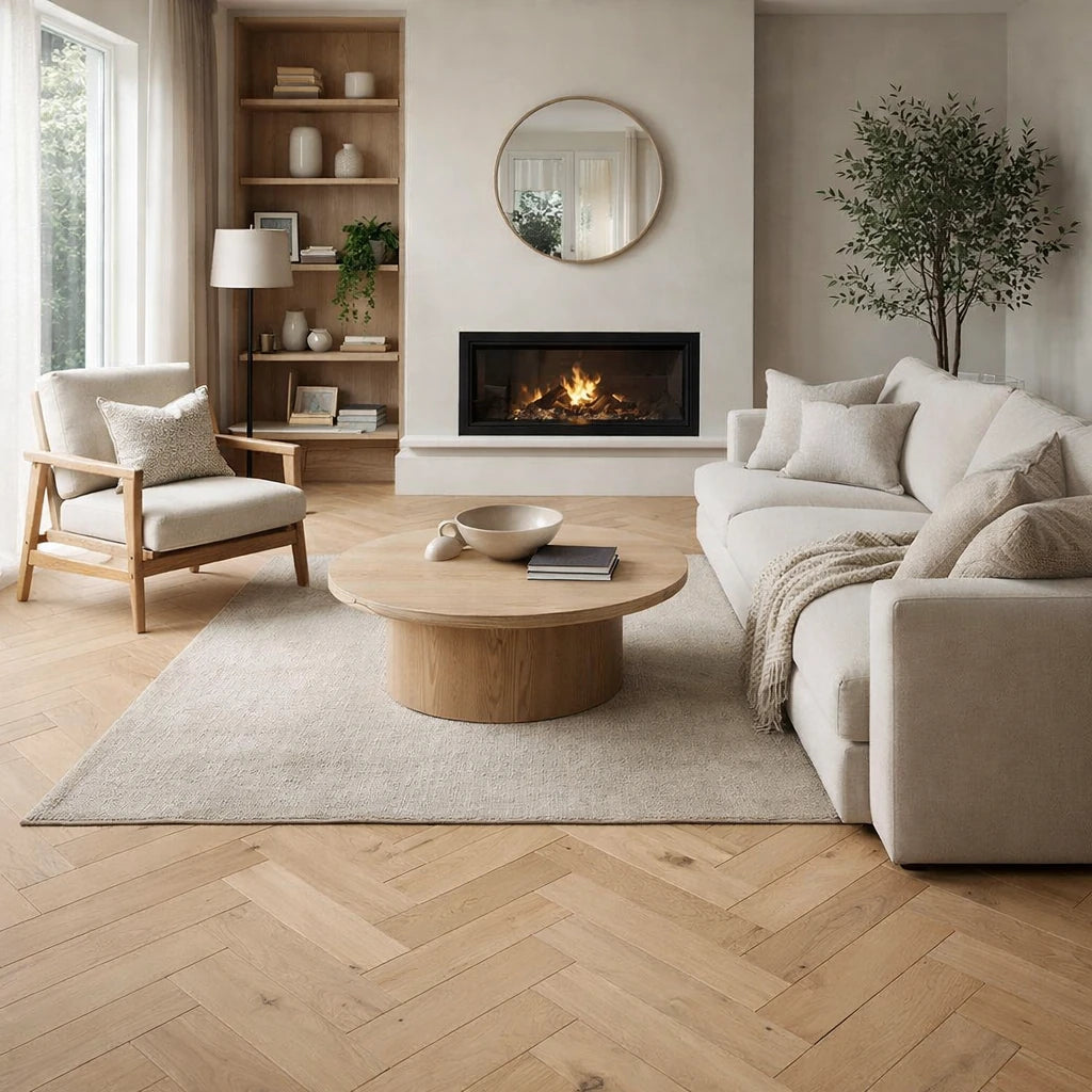 Modern living room with a fireplace, sofa, and coffee table.