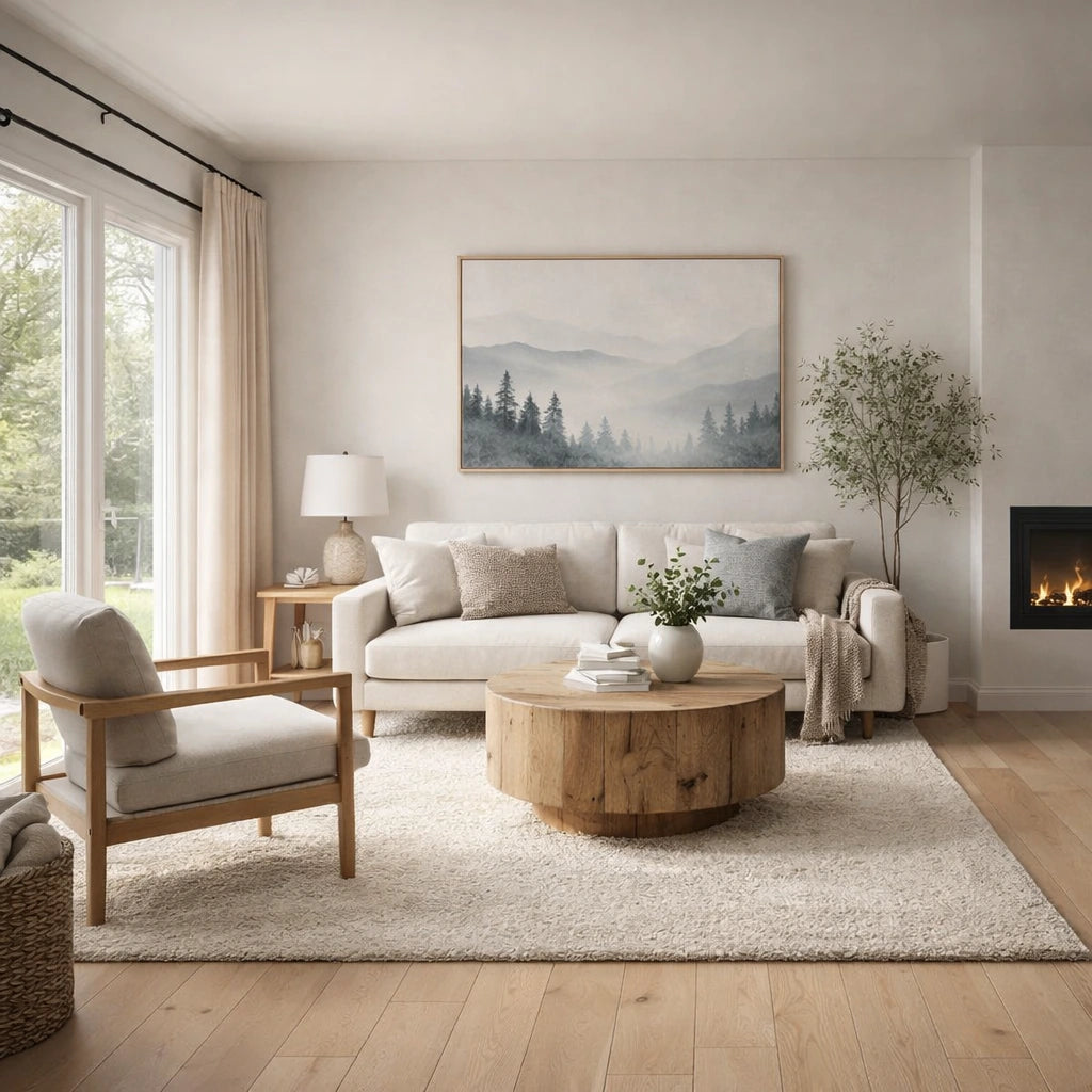 Modern living room with a white sofa, wooden coffee table, and a fireplace.