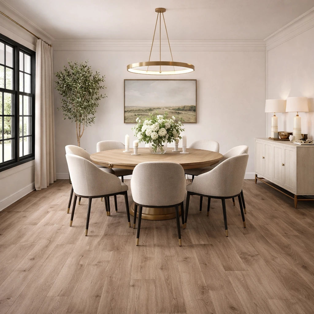 A styled dining room interior featuring a round wooden dining table surrounded by six upholstered dining chairs with black legs, set in a bright room with light wood flooring, a window, and a sideboard.