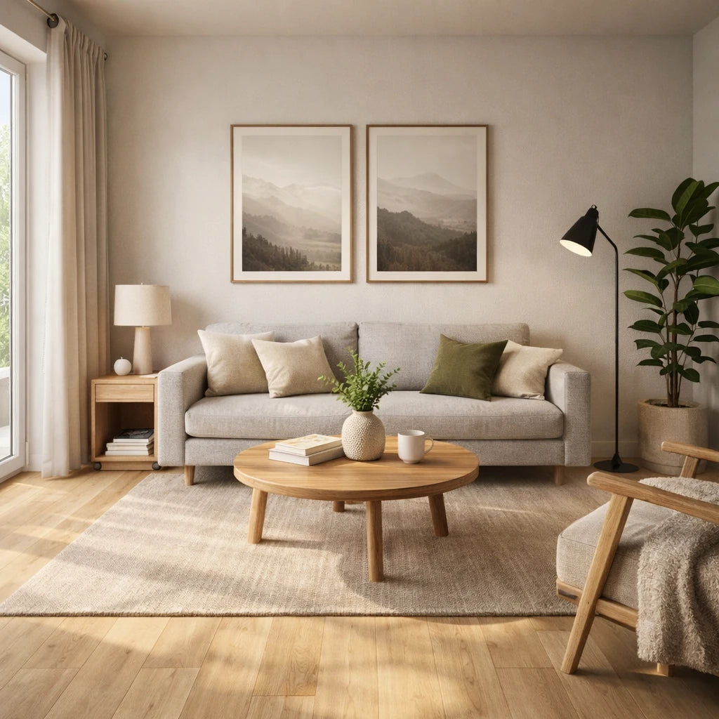 A modern living room with a light gray sofa, round wooden coffee table, beige rug, and two framed landscape prints on the wall. A floor lamp, side table with a lamp, and a potted plant are visible, along with a chair in the foreground.