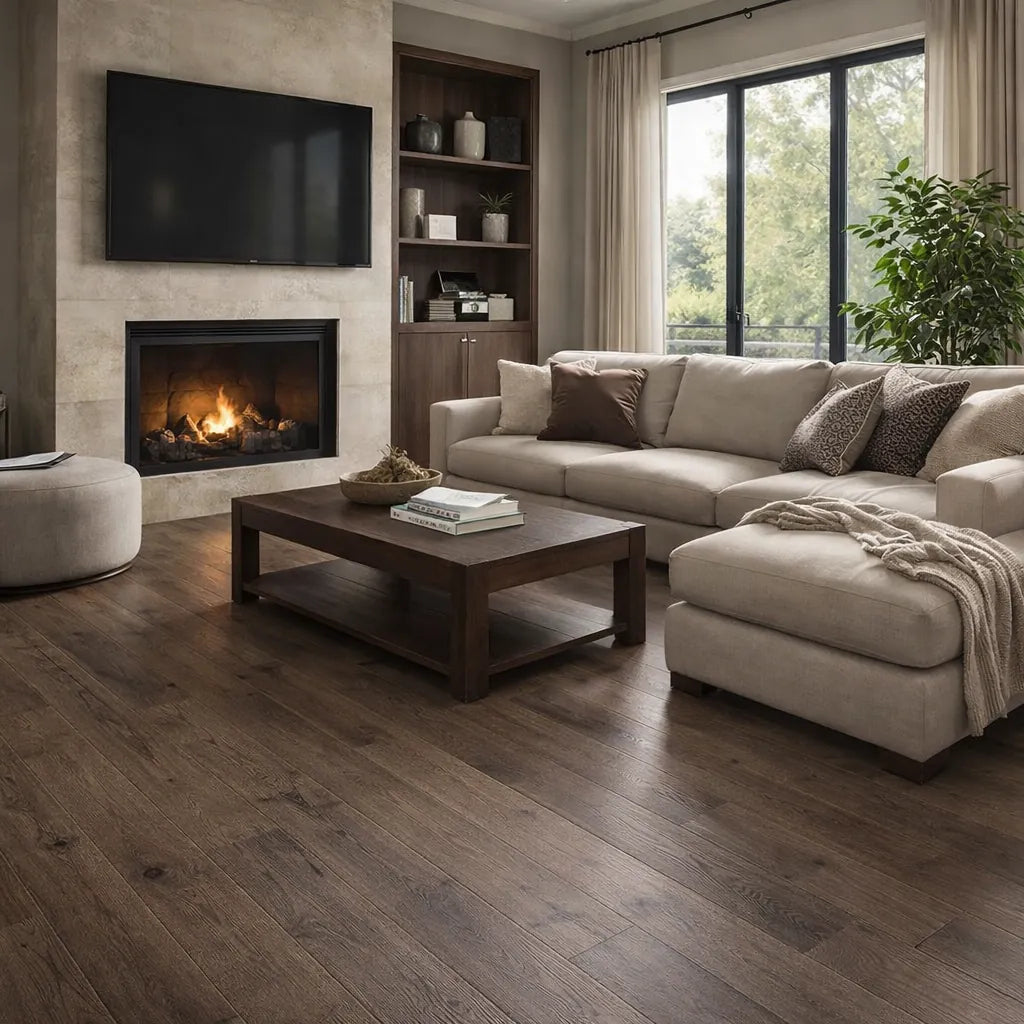Modern living room with a fireplace, sofa, and coffee table.
