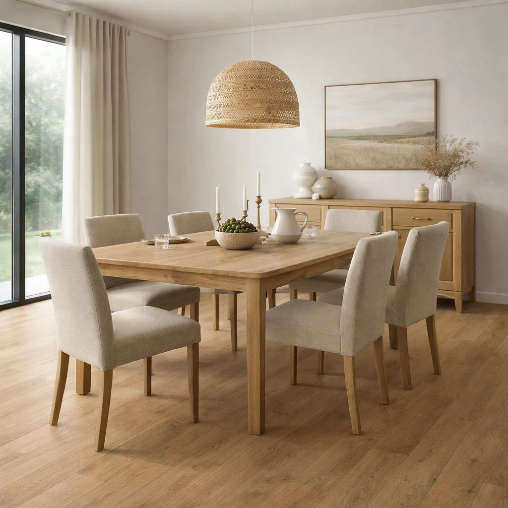 A dining room scene showing a light wood rectangular dining table with six upholstered dining chairs, a woven pendant light, and a wooden sideboard with decorative items in a bright neutral interior.