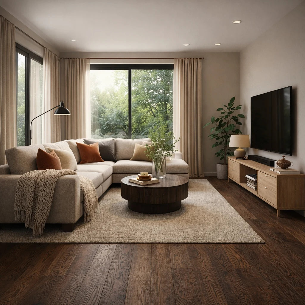 Modern living room with a sectional sofa, coffee table, and TV.